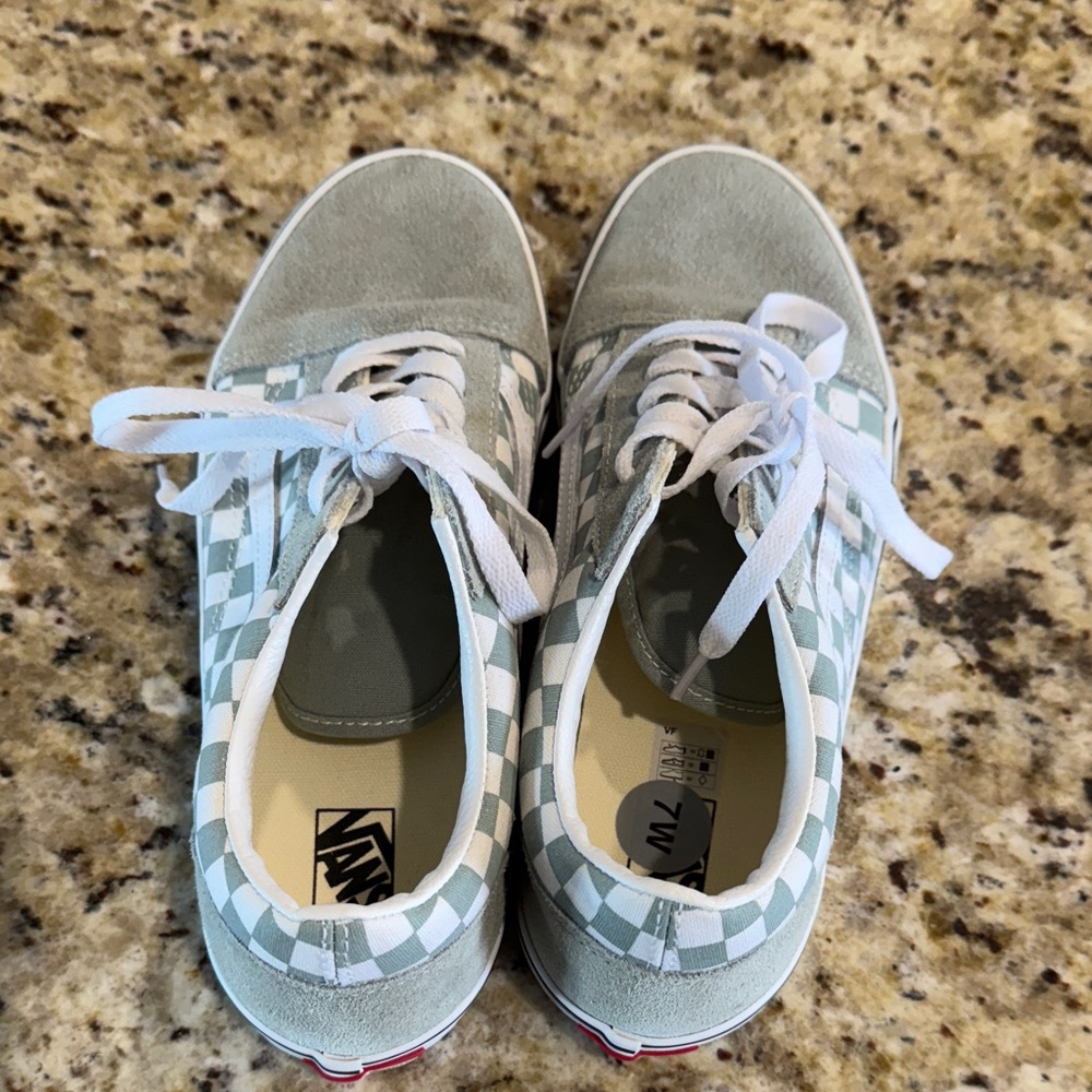 Vans Women's Checkered Sneakers - Sage Green and White